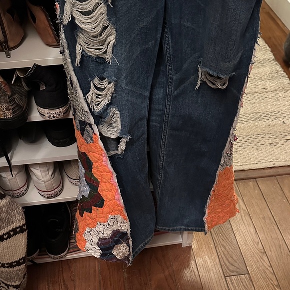 Upcycle vintage quilt .. Denim Overalls with Colorful Crochet Patches - Picture 7 of 7